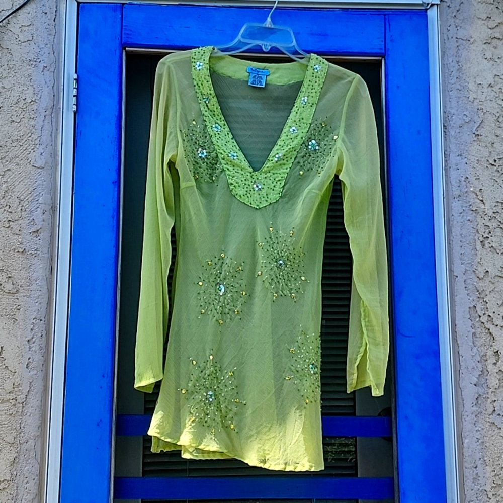 Sheer chartreuse (yellow-green) blouse with sequins and beads
